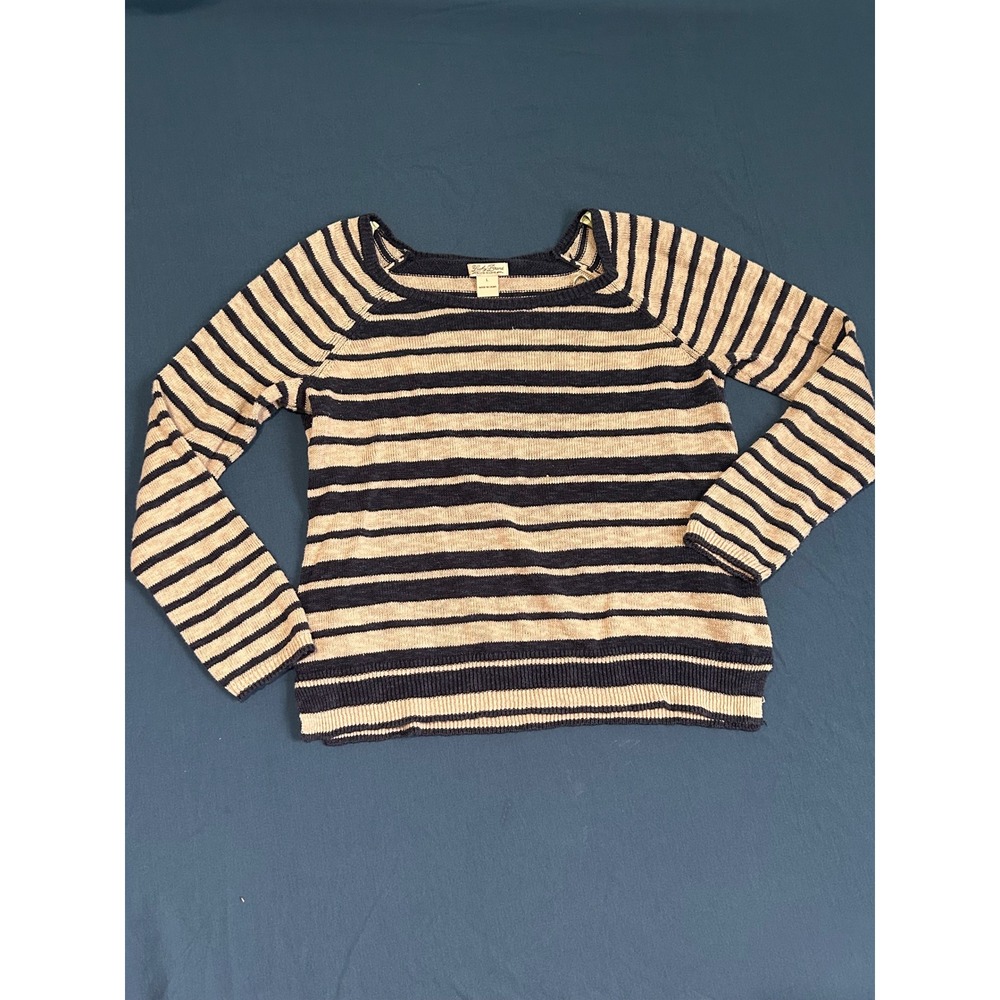 Lucky Brand Womens Striped Linen Cotton Blend Raglan Sleeve Sweater Navy Tan L
